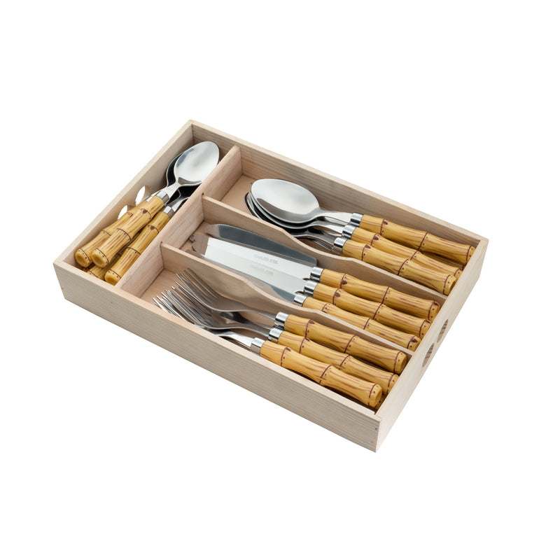 Faqueiro De Aço Inox 24 Pcs Lyor Com Cabo De Plastico Bamboo Bon Gourmet